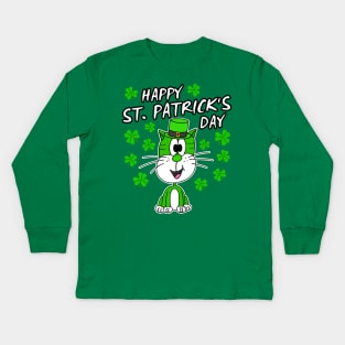 Happy St. Patrick's Day 2022 Cat Leprechaun Funny Kids Long Sleeve T-Shirt